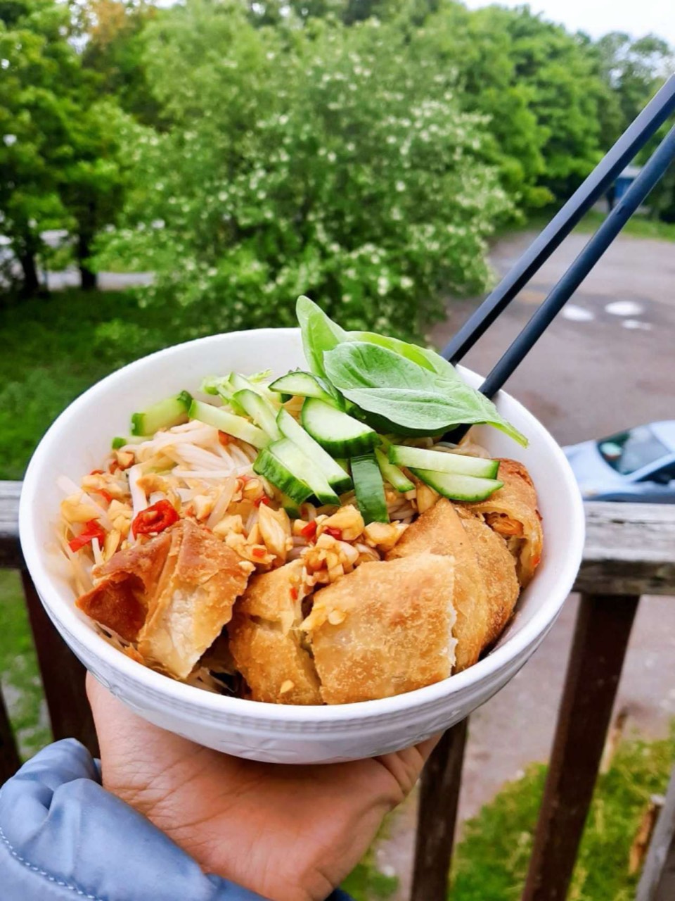 Vegetable vermicelli with cucumber, herbs and fried rolls.